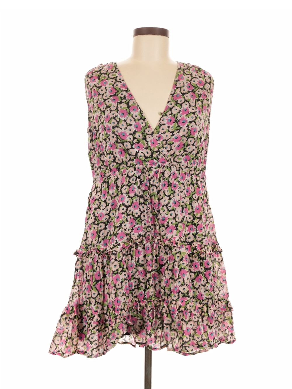 Banjanan Pink Floral Cotton Tiered Mini Dress V-Neck Size M Anthropologie